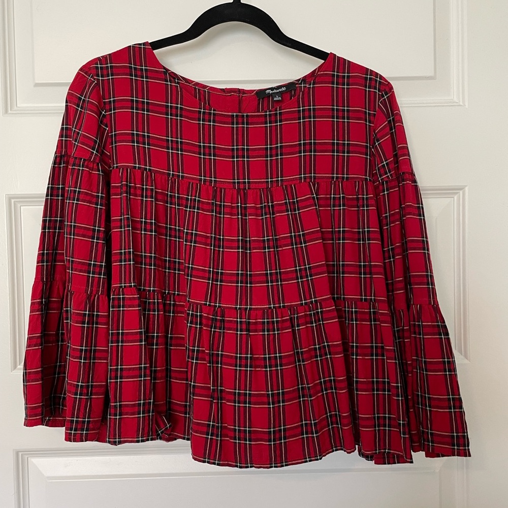 Madewell tiered blouse, red plaid, large